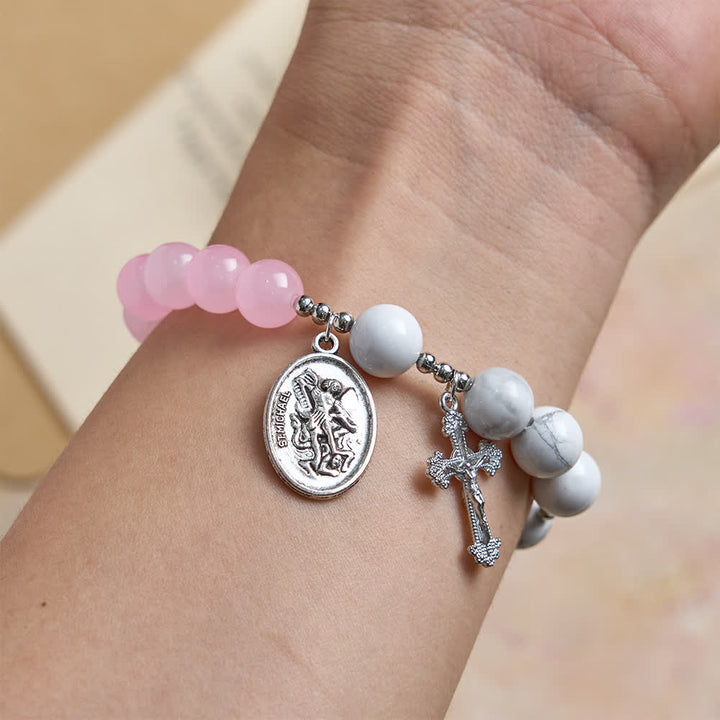 FREE Today: Natural Howlite Stone St. Michael Bracelet: Light Blue & PInk Dual Spiritual Protection - image 2