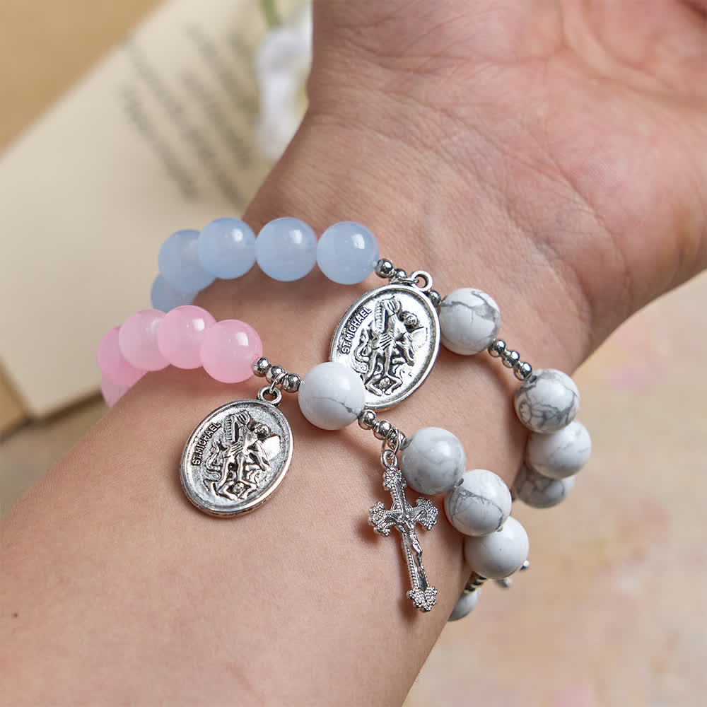 FREE Today: Natural Howlite Stone St. Michael Bracelet: Light Blue & PInk Dual Spiritual Protection - image 18