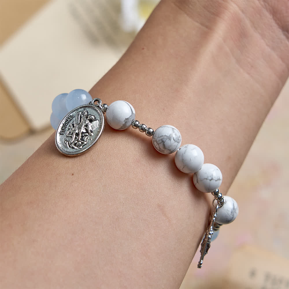 Christianartworkshop Natural Howlite Stone St. Michael Bracelet: Light Blue & PInk Dual Spiritual Protection - image 11