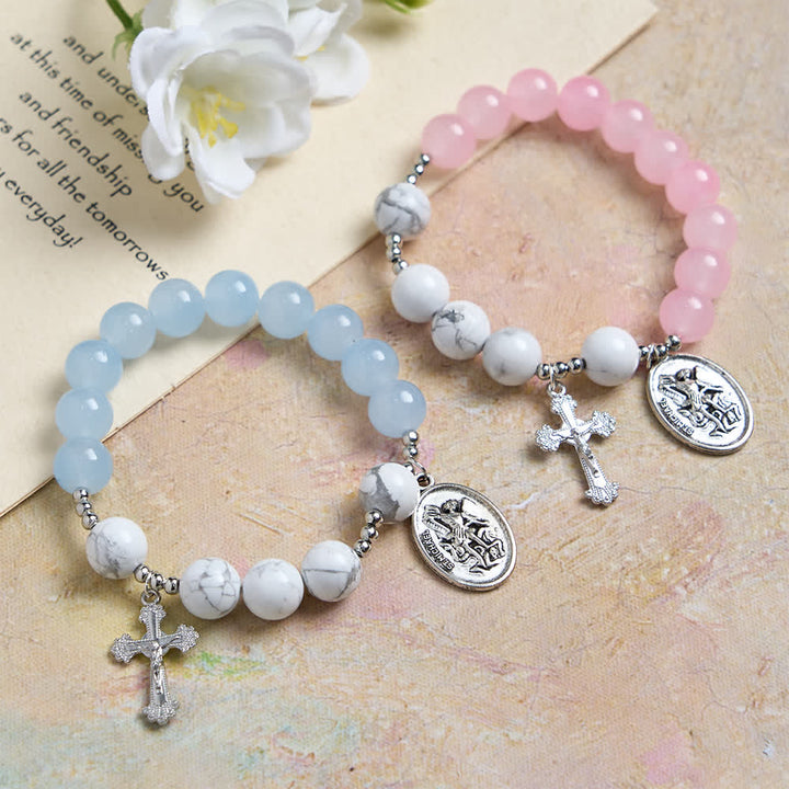 Christianartworkshop Natural Howlite Stone St. Michael Bracelet: Light Blue & PInk Dual Spiritual Protection - Set of 2 (Pink & Blue) - image 1