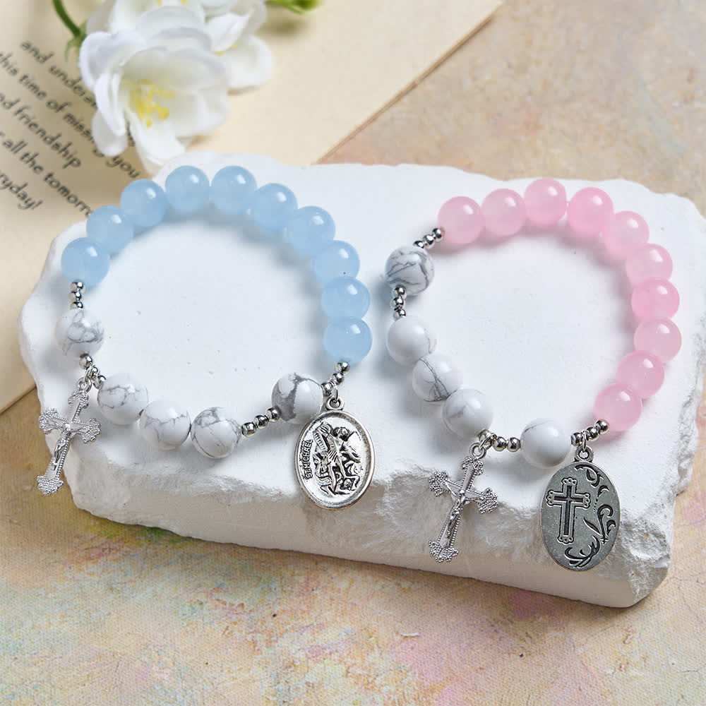 Christianartworkshop Natural Howlite Stone St. Michael Bracelet: Light Blue & PInk Dual Spiritual Protection - image 17