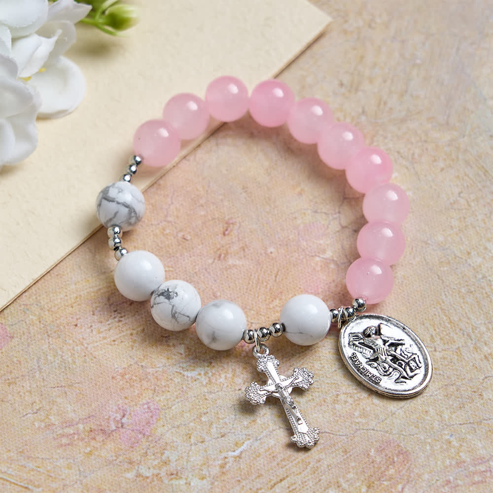 FREE Today: Natural Howlite Stone St. Michael Bracelet: Light Blue & PInk Dual Spiritual Protection - Pink - image 0