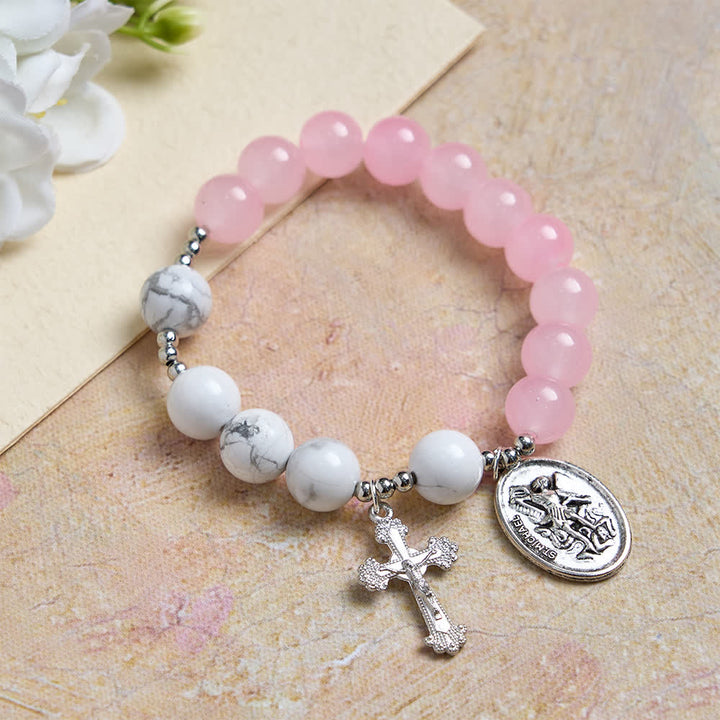 FREE Today: Natural Howlite Stone St. Michael Bracelet: Light Blue & PInk Dual Spiritual Protection - Pink - image 0