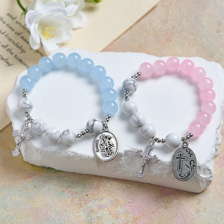 FREE Today: Natural Howlite Stone St. Michael Bracelet: Light Blue & PInk Dual Spiritual Protection - image 17