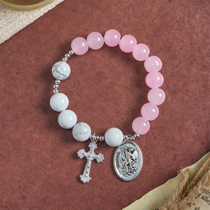 Christianartworkshop Natural Howlite Stone St. Michael Bracelet: Light Blue & PInk Dual Spiritual Protection - image 4