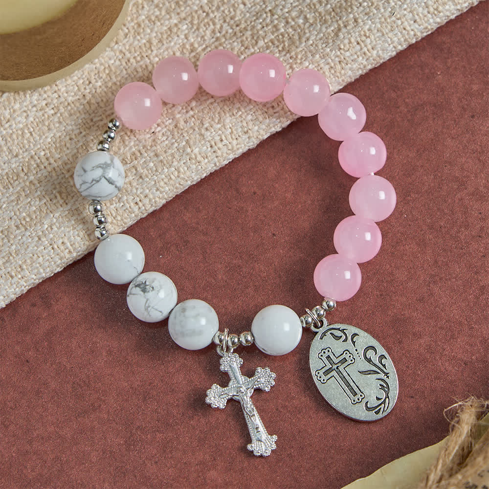 FREE Today: Natural Howlite Stone St. Michael Bracelet: Light Blue & PInk Dual Spiritual Protection - image 5