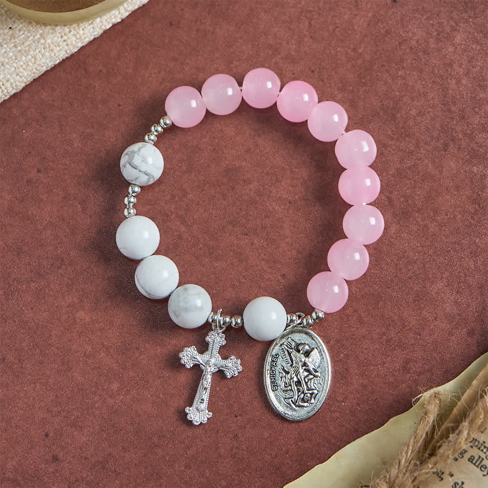 FREE Today: Natural Howlite Stone St. Michael Bracelet: Light Blue & PInk Dual Spiritual Protection - image 4