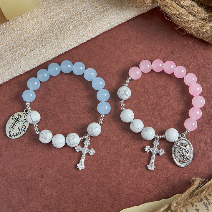 Christianartworkshop Natural Howlite Stone St. Michael Bracelet: Light Blue & PInk Dual Spiritual Protection - image 19