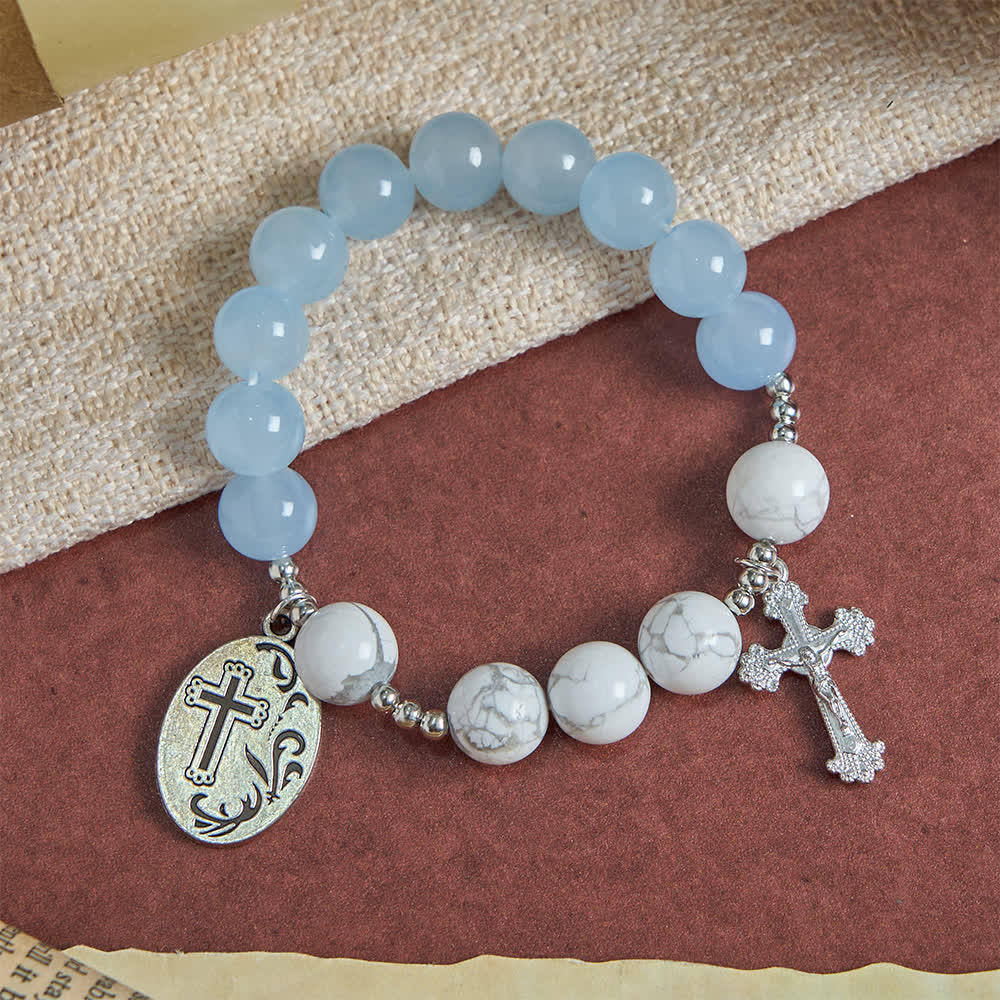 Christianartworkshop Natural Howlite Stone St. Michael Bracelet: Light Blue & PInk Dual Spiritual Protection - image 13