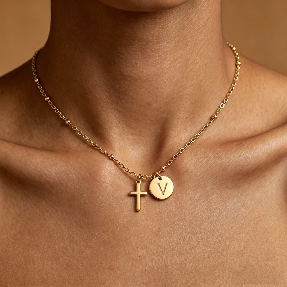 Christianartworkshop Initial Letter Disc & Cross Pendant Necklace: Timeless Symbol of Personal Faith - V - image 22