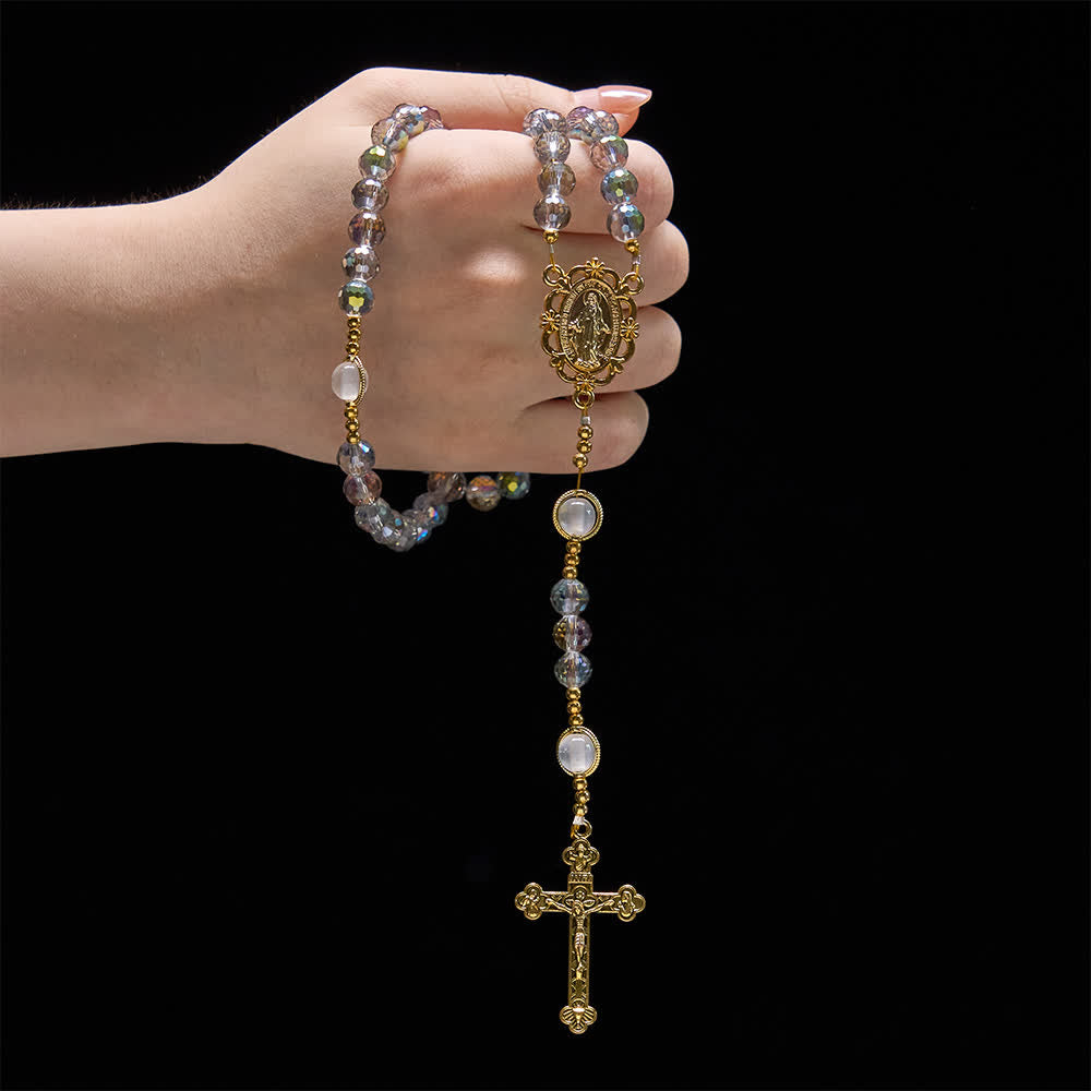 Christianartworkshop Rainbow Iridescent Faceted Beads Rosary with Golden Our Lady Pendant - image 1