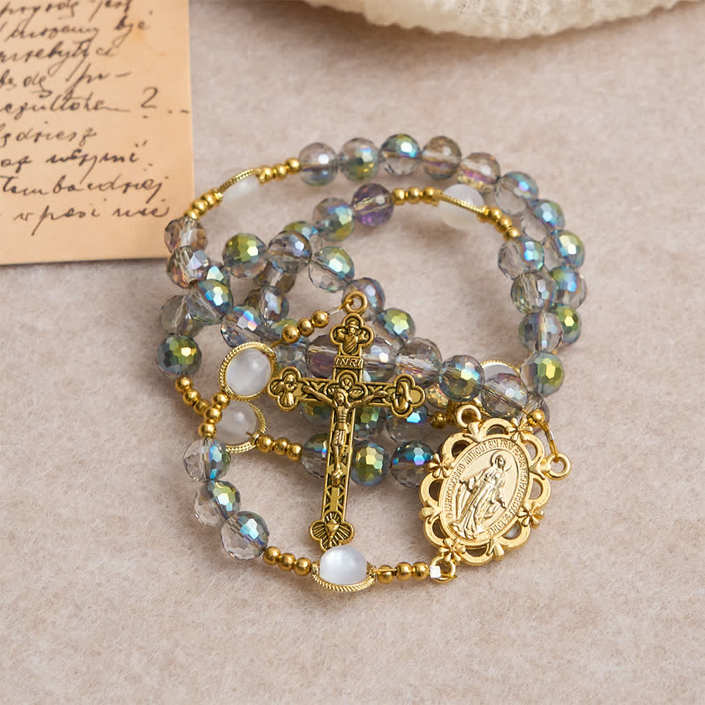 Christianartworkshop Rainbow Iridescent Faceted Beads Rosary with Golden Our Lady Pendant - image 4