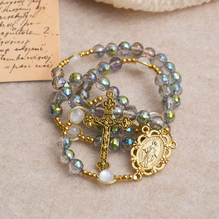 Christianartworkshop Rainbow Iridescent Faceted Beads Rosary with Golden Our Lady Pendant - image 4