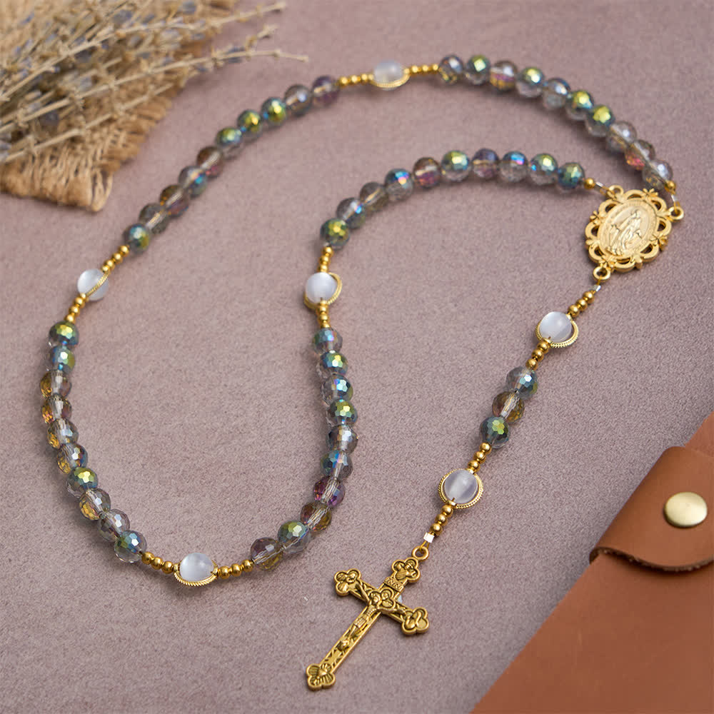 Christianartworkshop Rainbow Iridescent Faceted Beads Rosary with Golden Our Lady Pendant - image 3