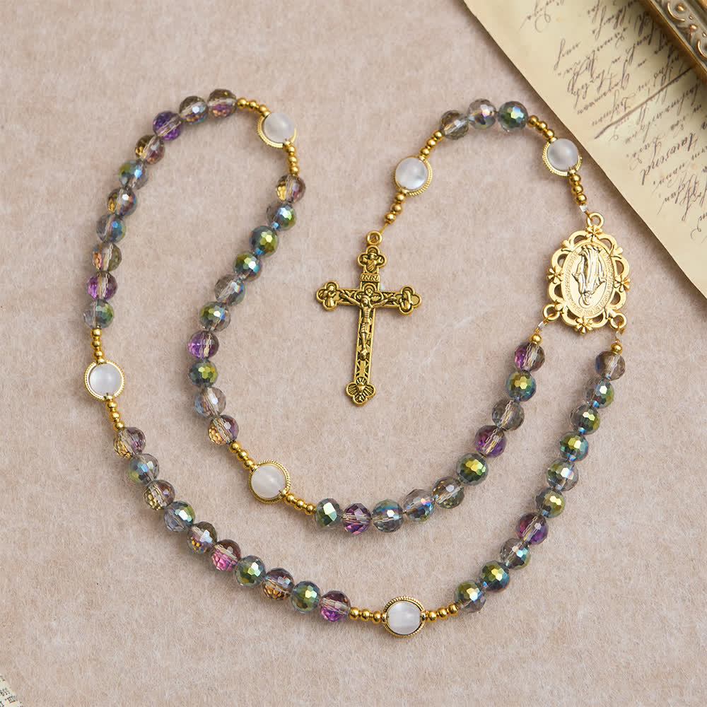 Christianartworkshop Rainbow Iridescent Faceted Beads Rosary with Golden Our Lady Pendant - image 2