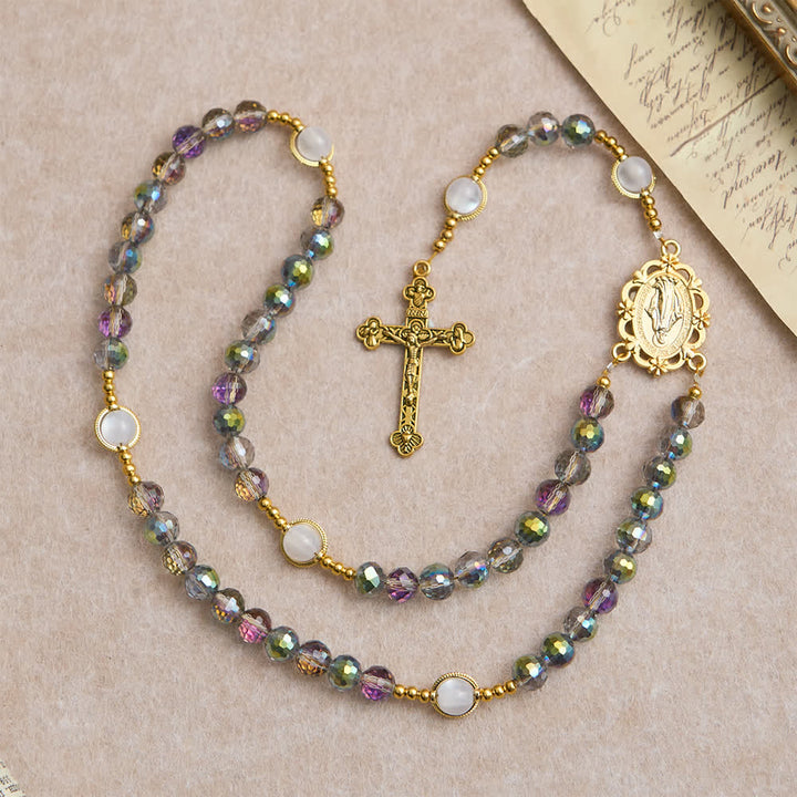 Christianartworkshop Rainbow Iridescent Faceted Beads Rosary with Golden Our Lady Pendant - image 2