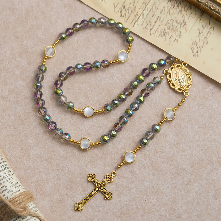 Christianartworkshop Rainbow Iridescent Faceted Beads Rosary with Golden Our Lady Pendant - Our Lady & Crucifix - image 0