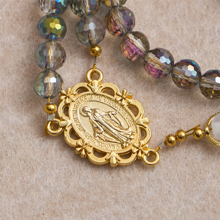Christianartworkshop Rainbow Iridescent Faceted Beads Rosary with Golden Our Lady Pendant - image 6