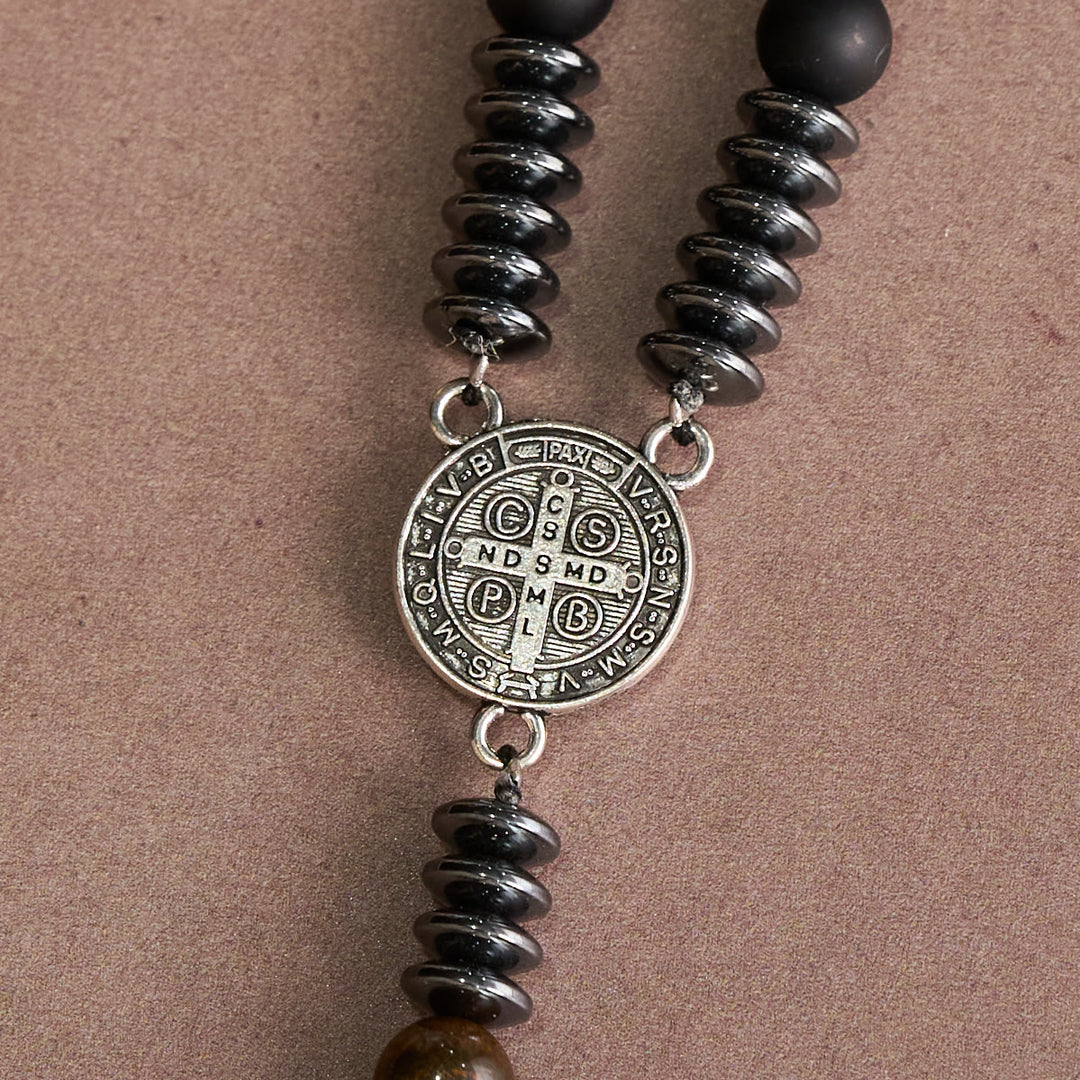 FREE Today: Black Glass & Tiger Eye Rosary with St. Benedict Medal & Vintage Tin Cross - image 5