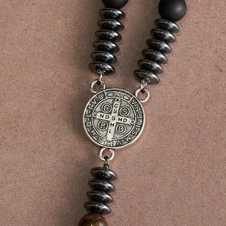 FREE Today: Black Glass & Tiger Eye Rosary with St. Benedict Medal & Vintage Tin Cross - image 5
