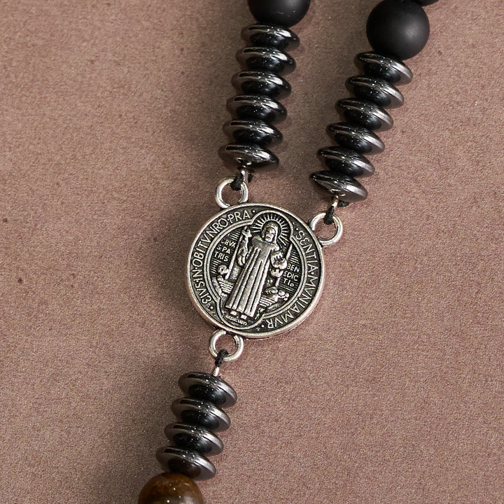 FREE Today: Black Glass & Tiger Eye Rosary with St. Benedict Medal & Vintage Tin Cross - image 6