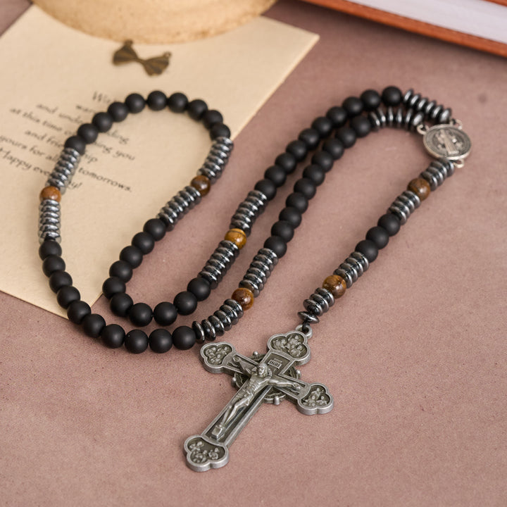 FREE Today: Black Glass & Tiger Eye Rosary with St. Benedict Medal & Vintage Tin Cross - Black Glass & Tiger's Eye Rosary - image 0