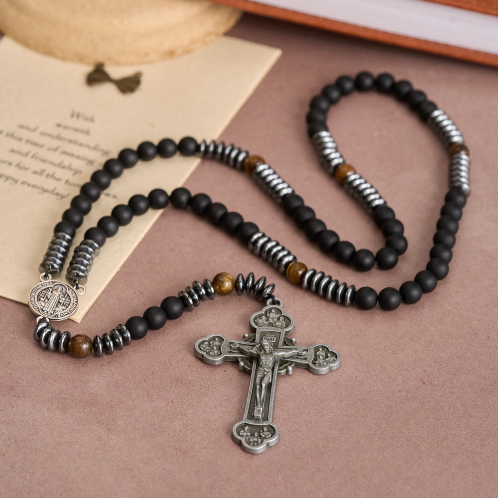 FREE Today: Black Glass & Tiger Eye Rosary with St. Benedict Medal & Vintage Tin Cross - image 1