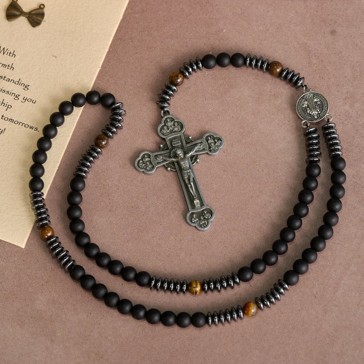 FREE Today: Black Glass & Tiger Eye Rosary with St. Benedict Medal & Vintage Tin Cross - image 2