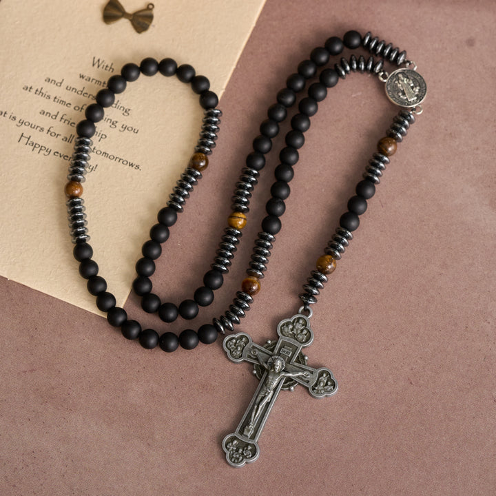 FREE Today: Black Glass & Tiger Eye Rosary with St. Benedict Medal & Vintage Tin Cross - image 3