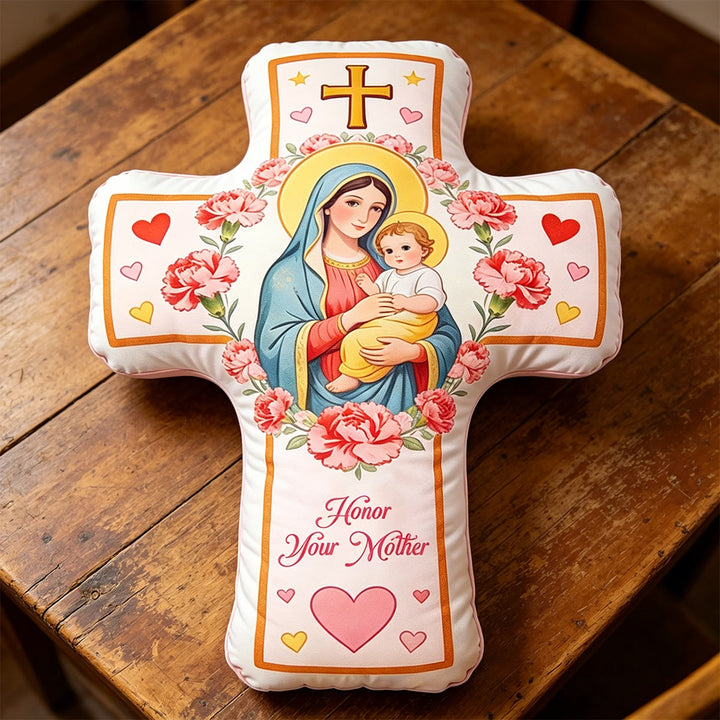 Christianartworkshop Floral Heart Pattern Madonna Cross Cushion: Warm Faith-Inspired Home Decor Pillow - image 2