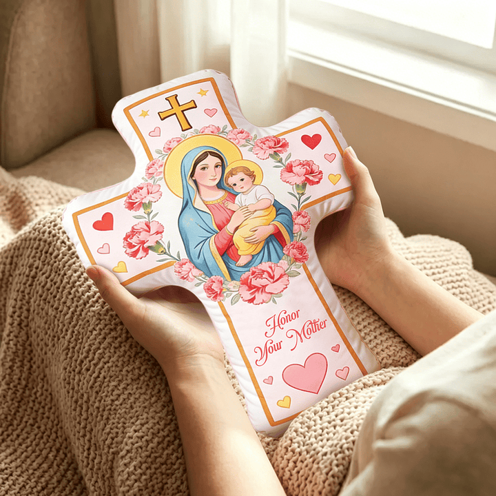 Christianartworkshop Floral Heart Pattern Madonna Cross Cushion: Warm Faith-Inspired Home Decor Pillow - image 3