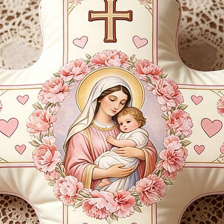 Christianartworkshop Our Lady And Holy Child Floral Cross Shaped Cushion: Sacred Symbol Of Tender Maternal Love & Eternal Grace - image 2