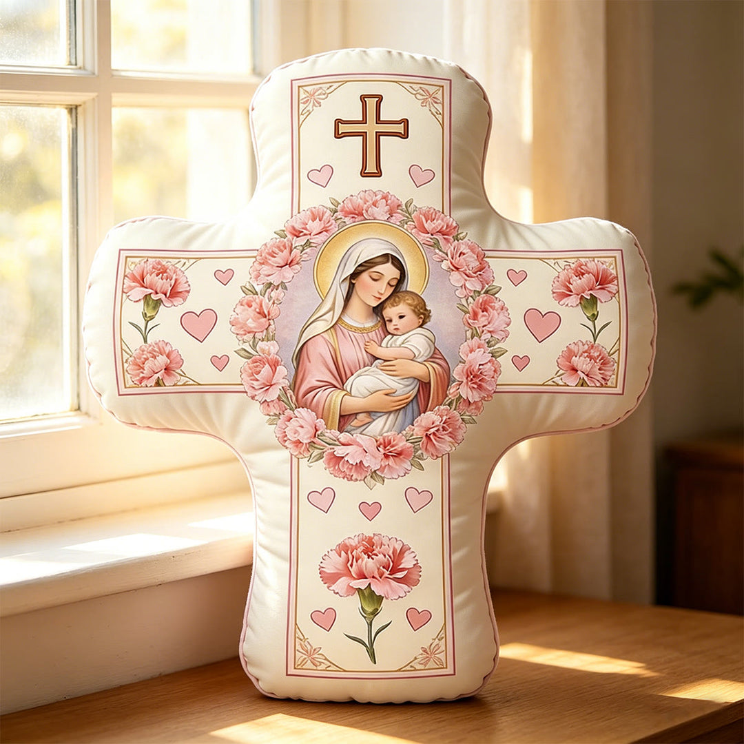 Christianartworkshop Our Lady And Holy Child Floral Cross Shaped Cushion: Sacred Symbol Of Tender Maternal Love & Eternal Grace - image 3