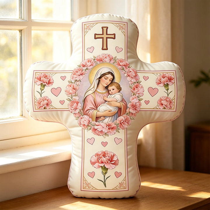 Christianartworkshop Our Lady And Holy Child Floral Cross Shaped Cushion: Sacred Symbol Of Tender Maternal Love & Eternal Grace - image 3