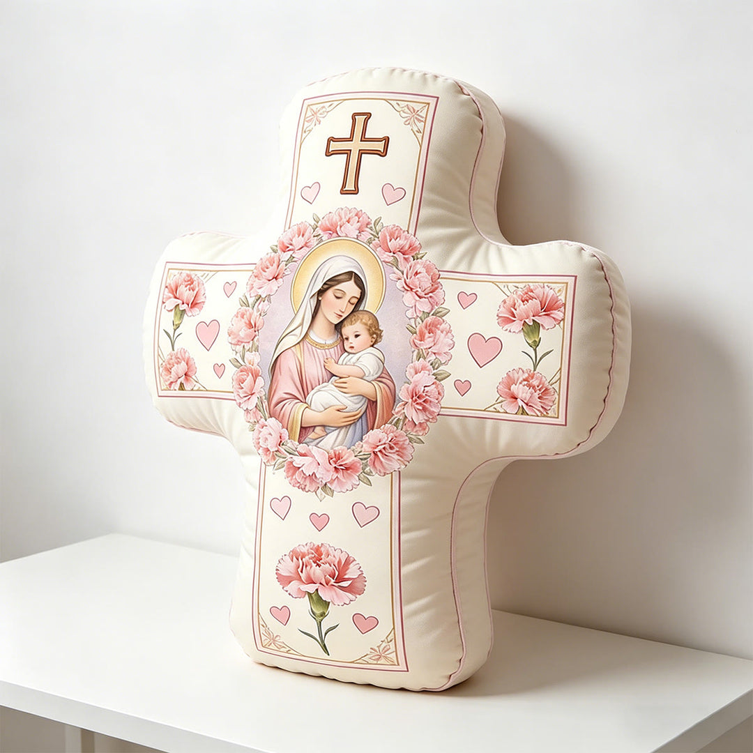 Christianartworkshop Our Lady And Holy Child Floral Cross Shaped Cushion: Sacred Symbol Of Tender Maternal Love & Eternal Grace - image 1