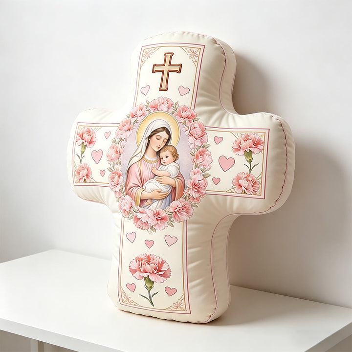 Christianartworkshop Our Lady And Holy Child Floral Cross Shaped Cushion: Sacred Symbol Of Tender Maternal Love & Eternal Grace - image 1