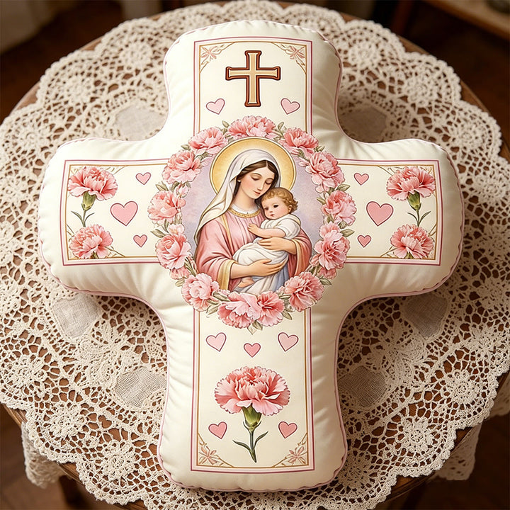 Christianartworkshop Our Lady And Holy Child Floral Cross Shaped Cushion: Sacred Symbol Of Tender Maternal Love & Eternal Grace - image 5