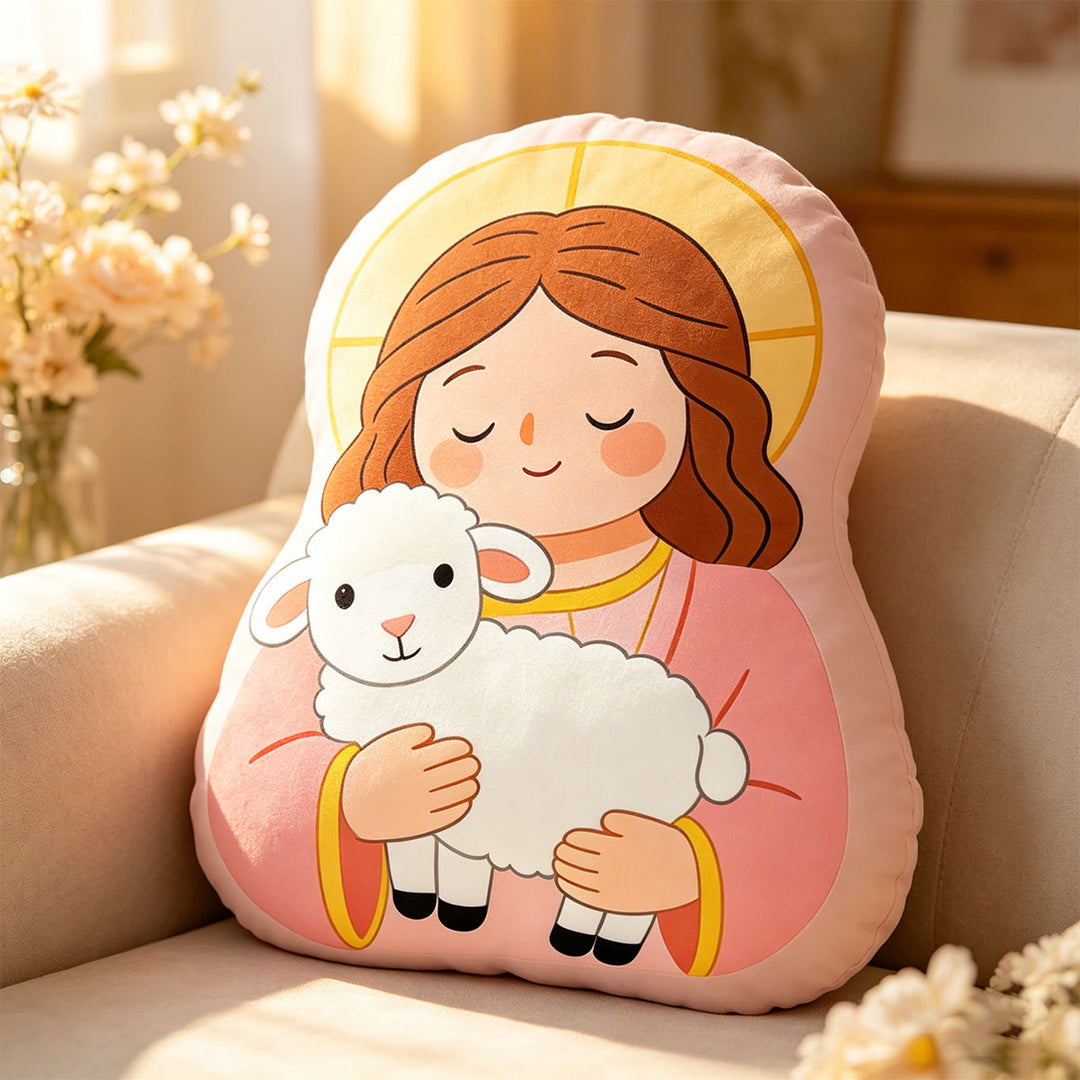 Christianartworkshop Halo Our Lady Holding Lamb Character Pillow: Emblem Of Tender Motherly Care & Gentle Blessing - 24" (60cm) - Pink - image 0