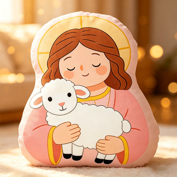 Christianartworkshop Halo Our Lady Holding Lamb Character Pillow: Emblem Of Tender Motherly Care & Gentle Blessing - image 4