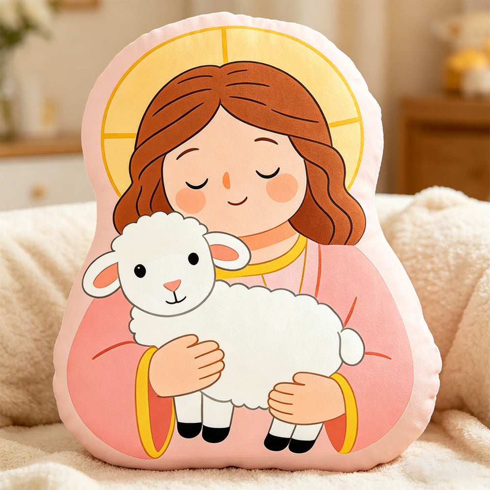 Christianartworkshop Halo Our Lady Holding Lamb Character Pillow: Emblem Of Tender Motherly Care & Gentle Blessing - image 1