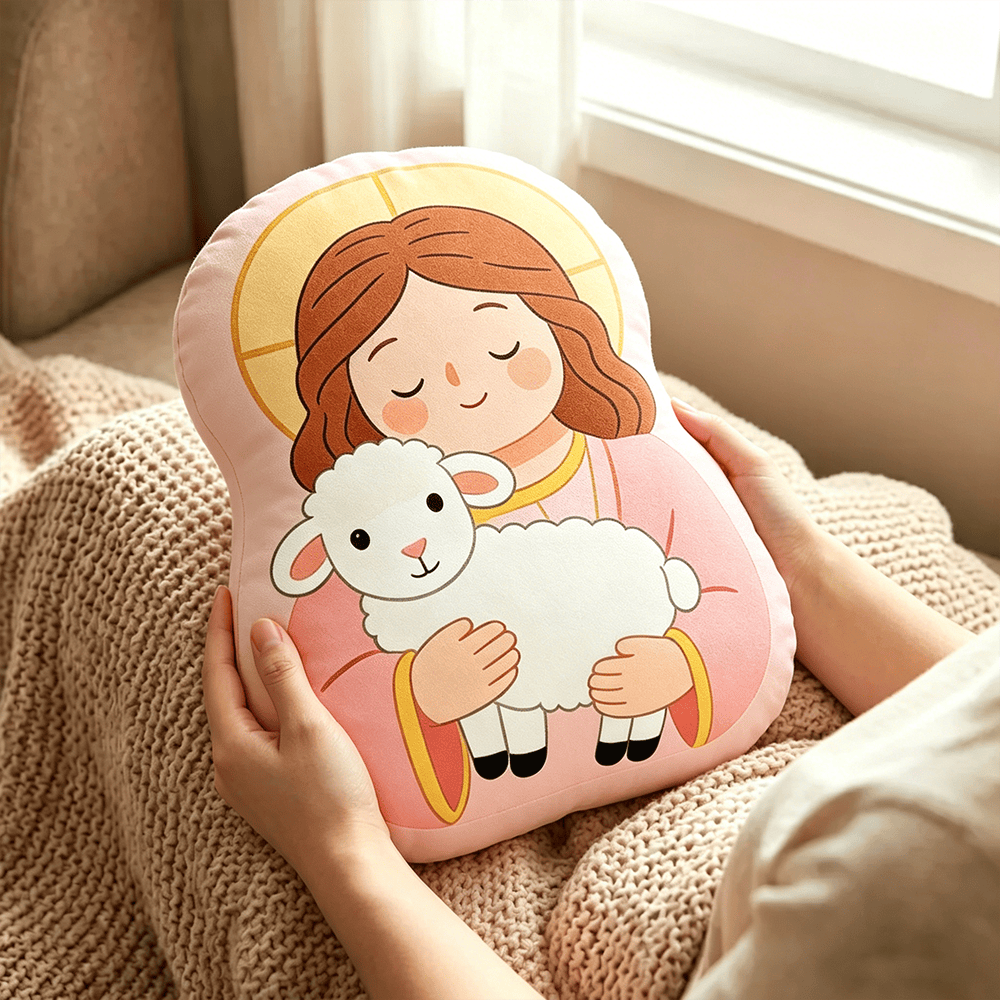 Christianartworkshop Halo Our Lady Holding Lamb Character Pillow: Emblem Of Tender Motherly Care & Gentle Blessing - image 3