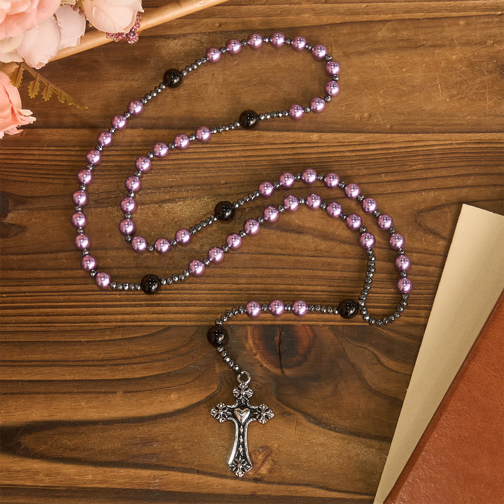 Christianartworkshop 4-Color Glass Bead Rosary with Heart Motif Cross: Timeless Symbol of Sacred Prayer Faith - Purple - image 0