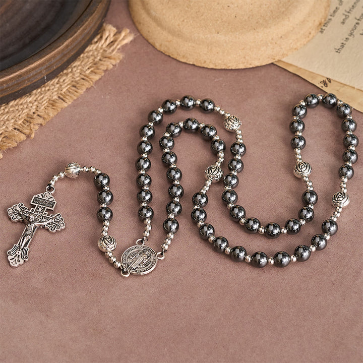 Christianartworkshop Hematite Rosary with Rose Beads and St. Benedict Medal & Detailed Crucifix - image 1