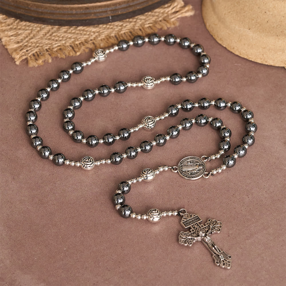Christianartworkshop Hematite Rosary with Rose Beads and St. Benedict Medal & Detailed Crucifix - image 2
