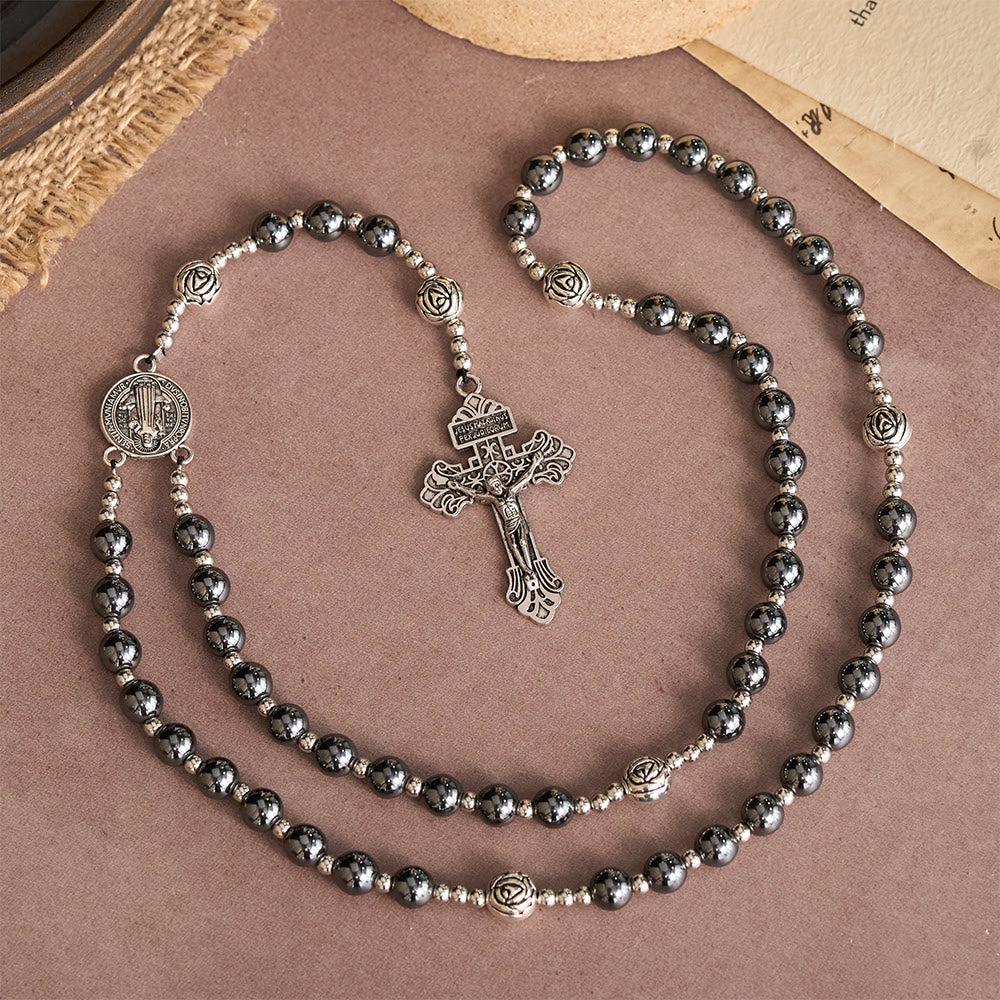 Christianartworkshop Hematite Rosary with Rose Beads and St. Benedict Medal & Detailed Crucifix - image 3