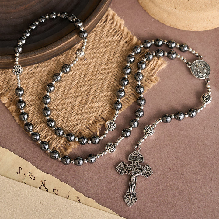 Christianartworkshop Hematite Rosary with Rose Beads and St. Benedict Medal & Detailed Crucifix - St.Benedict & Crucifix - image 0