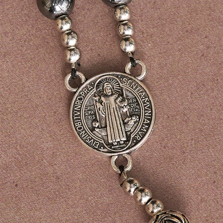 Christianartworkshop Hematite Rosary with Rose Beads and St. Benedict Medal & Detailed Crucifix - image 5