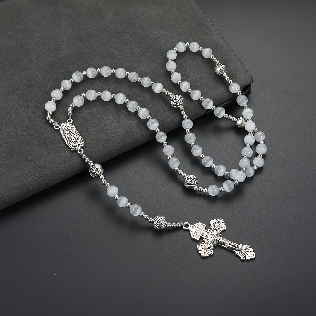 Christianartworkshop Luminous White Cat Eye Stone Rosary with Our Lady Medal & Ornate Crucifix - White Cat's Eye Stone Rosary - image 0