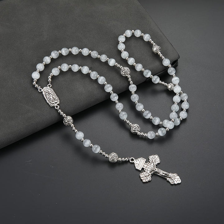 Christianartworkshop Luminous White Cat Eye Stone Rosary with Our Lady Medal & Ornate Crucifix - White Cat's Eye Stone Rosary - image 0