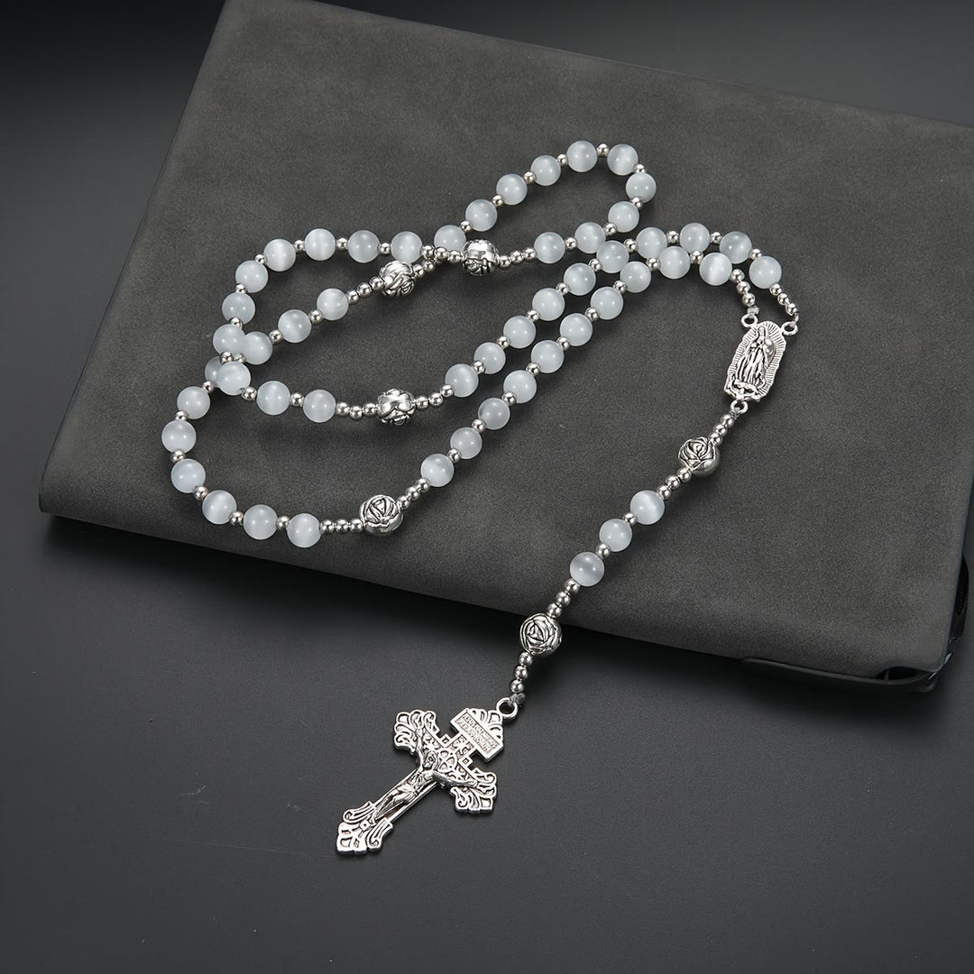 Christianartworkshop Luminous White Cat Eye Stone Rosary with Our Lady Medal & Ornate Crucifix - image 1